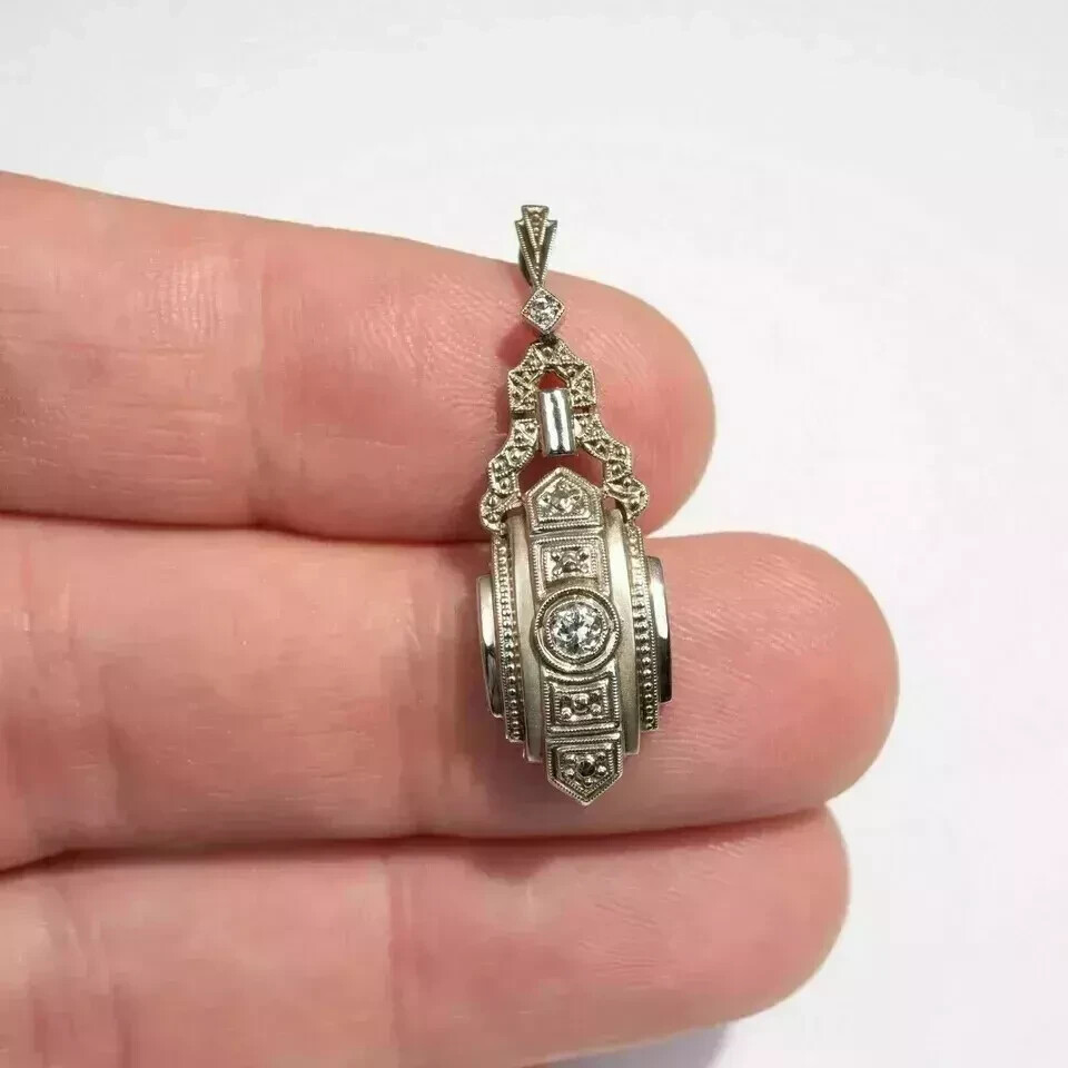 Art Deco Vintage Style Lab Created Diamond 14K White Gold FN Engagement Pendant