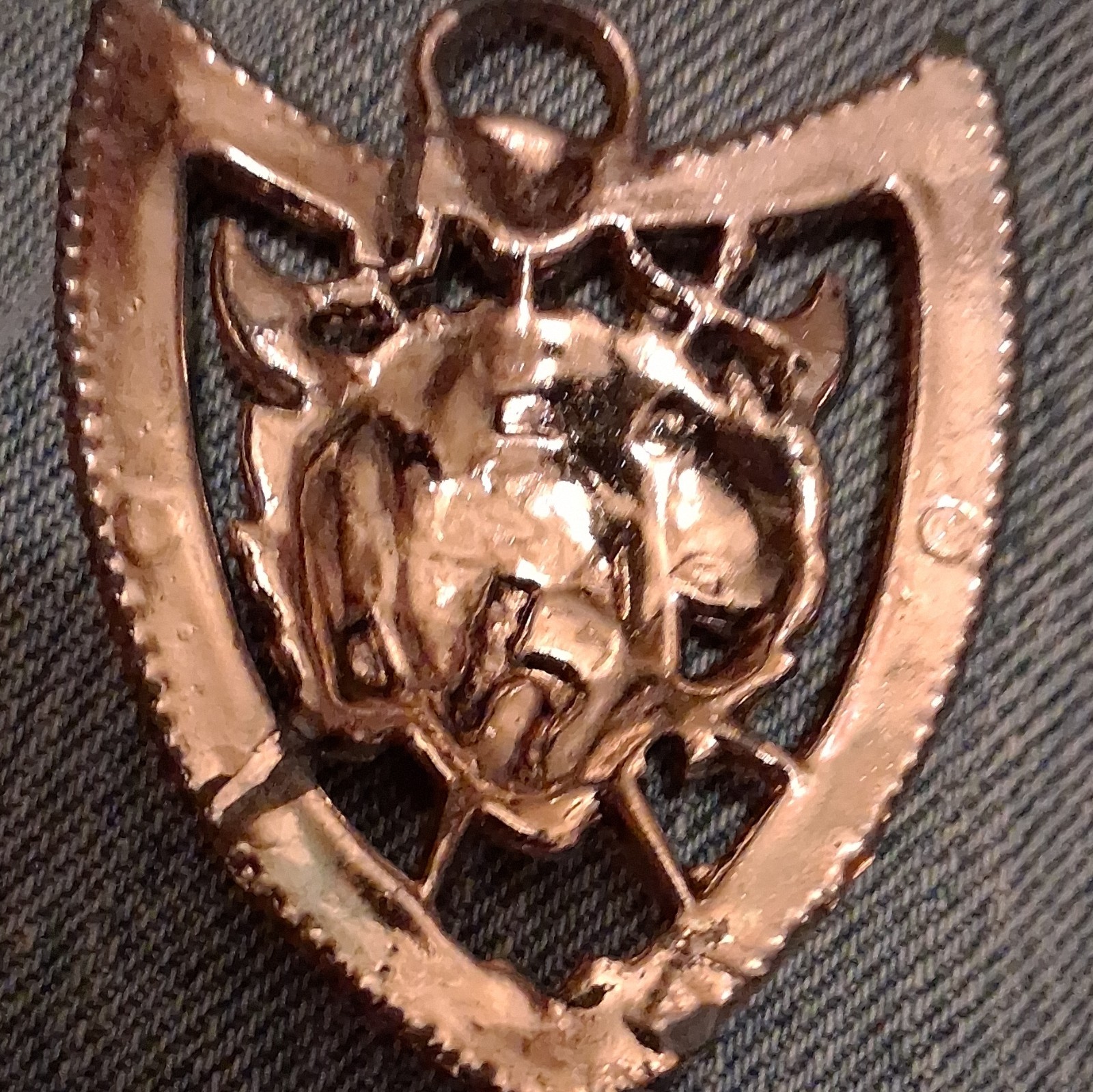 Silver Tone Shield Pin with Raised Animal Head Design, No Stone
