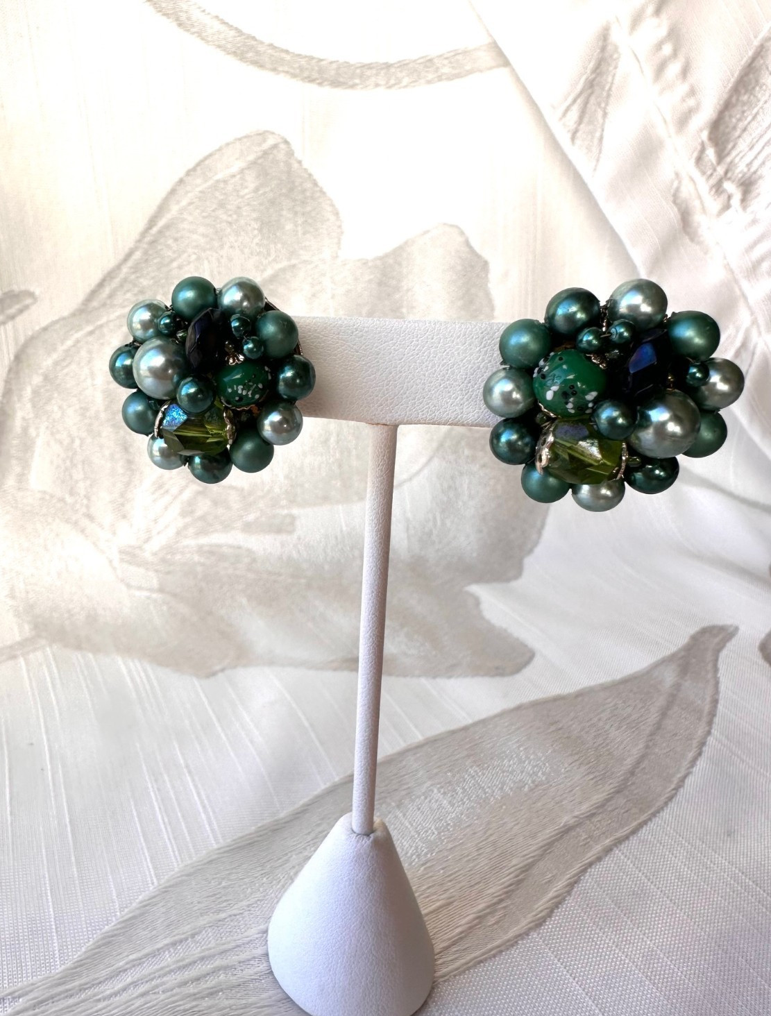 Vintage Green Tone JAPAN and Red Tone HONG KONG Beaded Clip On Earrings