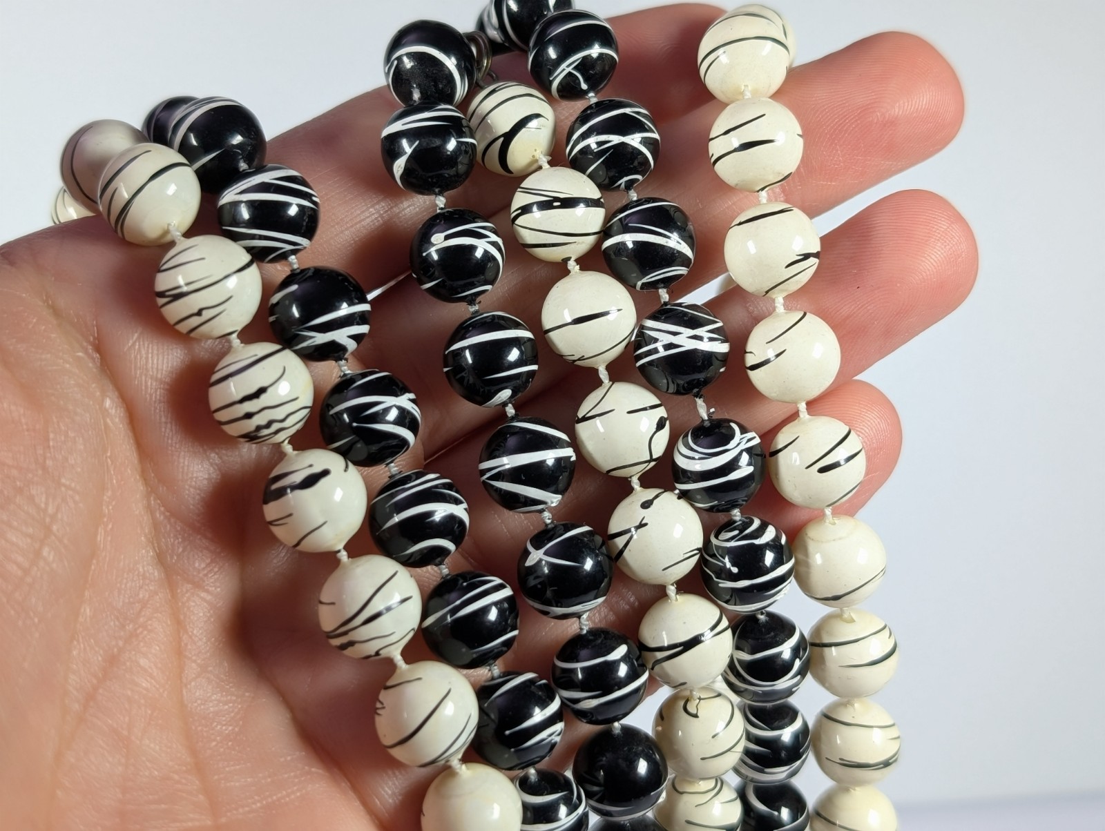 Vtg Black and White Paint Splatter Long Beaded Necklace LOT 54″ each