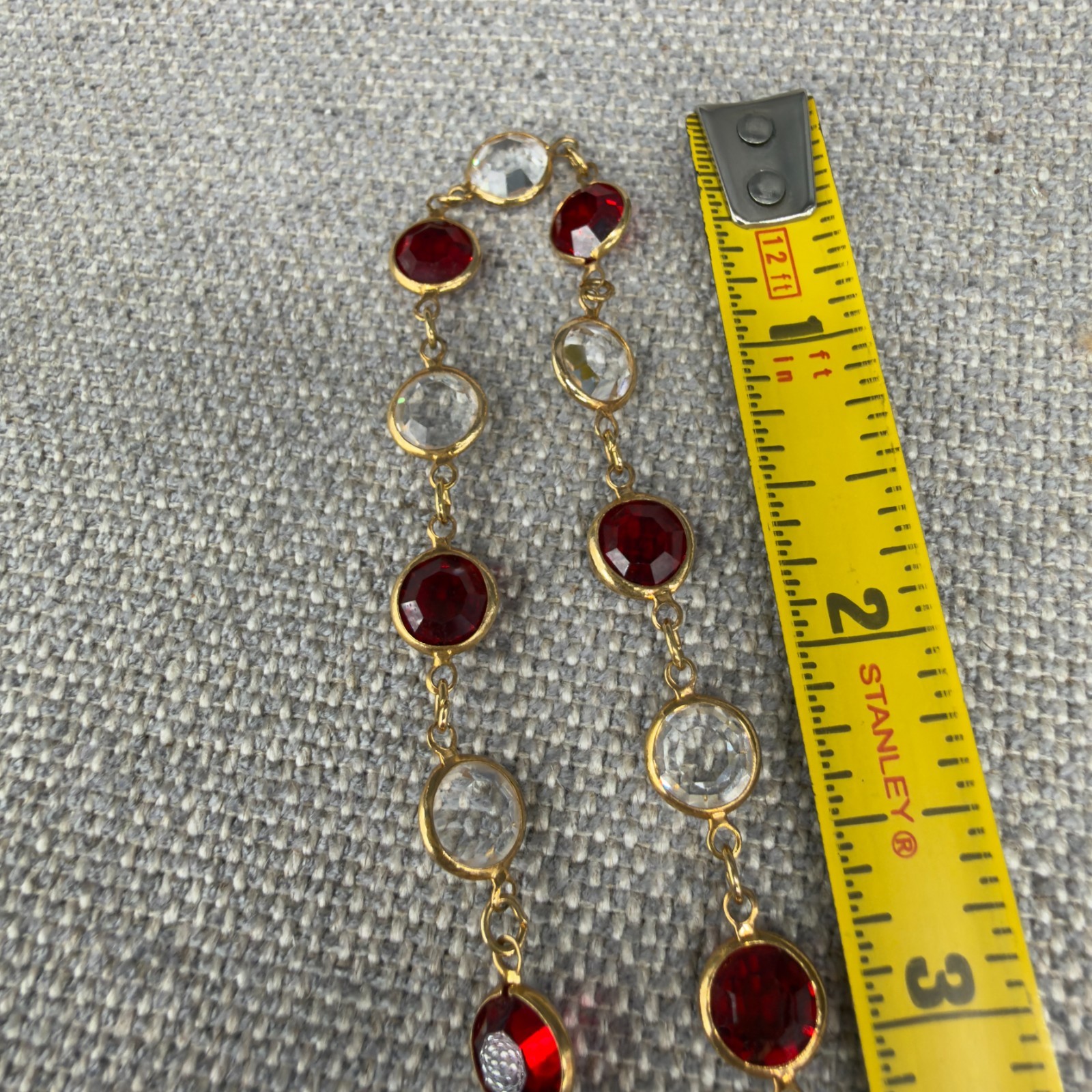 Vintage Necklace 34 Inch Bracelet Size 6.5 Red Clear Open Bezel Crystals