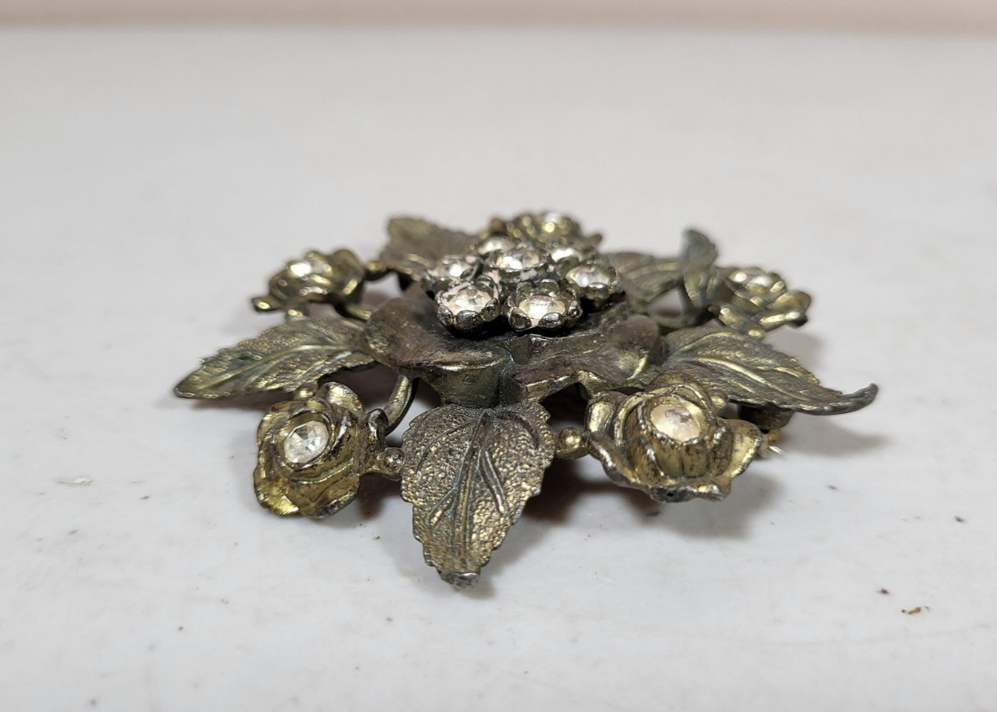 Vintage Little Nemo Floral Clear Rhinestone Brooch LN25 Silver Metallic Tone