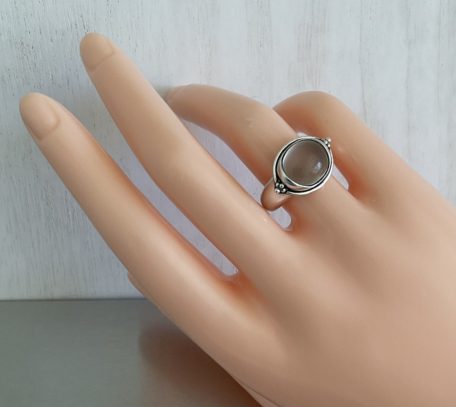 Vintage BASK Gray Moonstone Solitaire Ring Heavy 8 Grams Solid 925 Silver Size 7