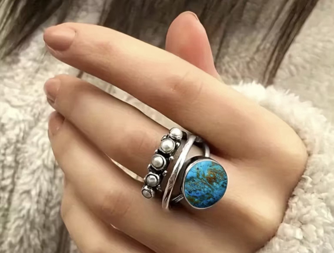 Bohemian Vintage Circular Imitation Turquoise & Moonstone Ring