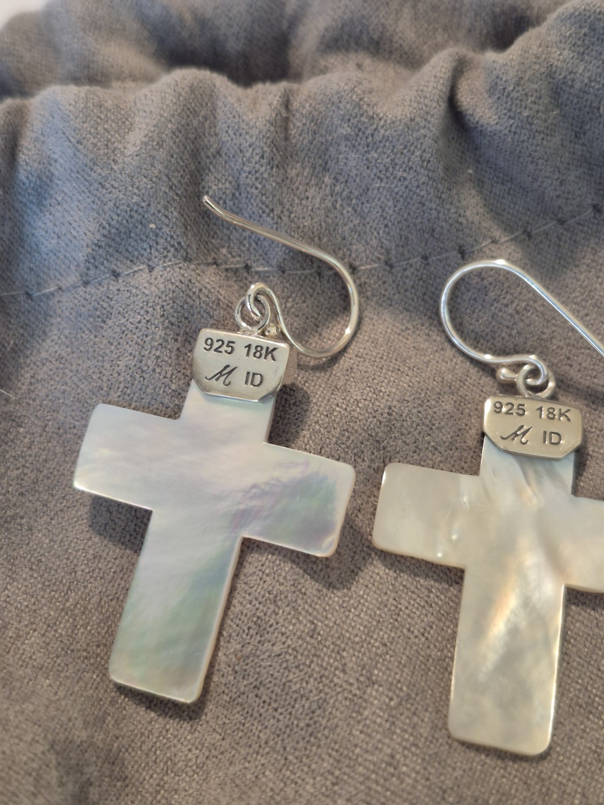 EUC Robert Manse 18k Gold Sterling Silver Carved MOP Shell Cross Dangle Earrings