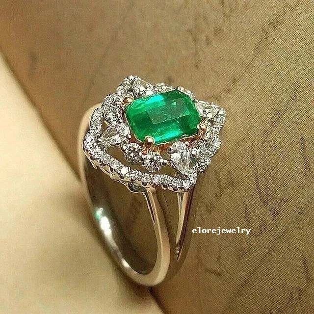 3Ct Lab Emerald Art Deco Ring 14K White Gold Plated Halo Engagement Wedding Band