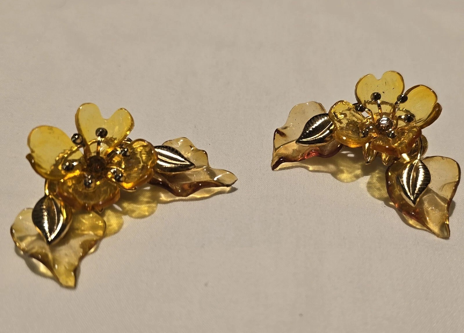 Golden Clear Mid-Century Dogwood Ear Climber Clip On Acetate Earrings#D2021