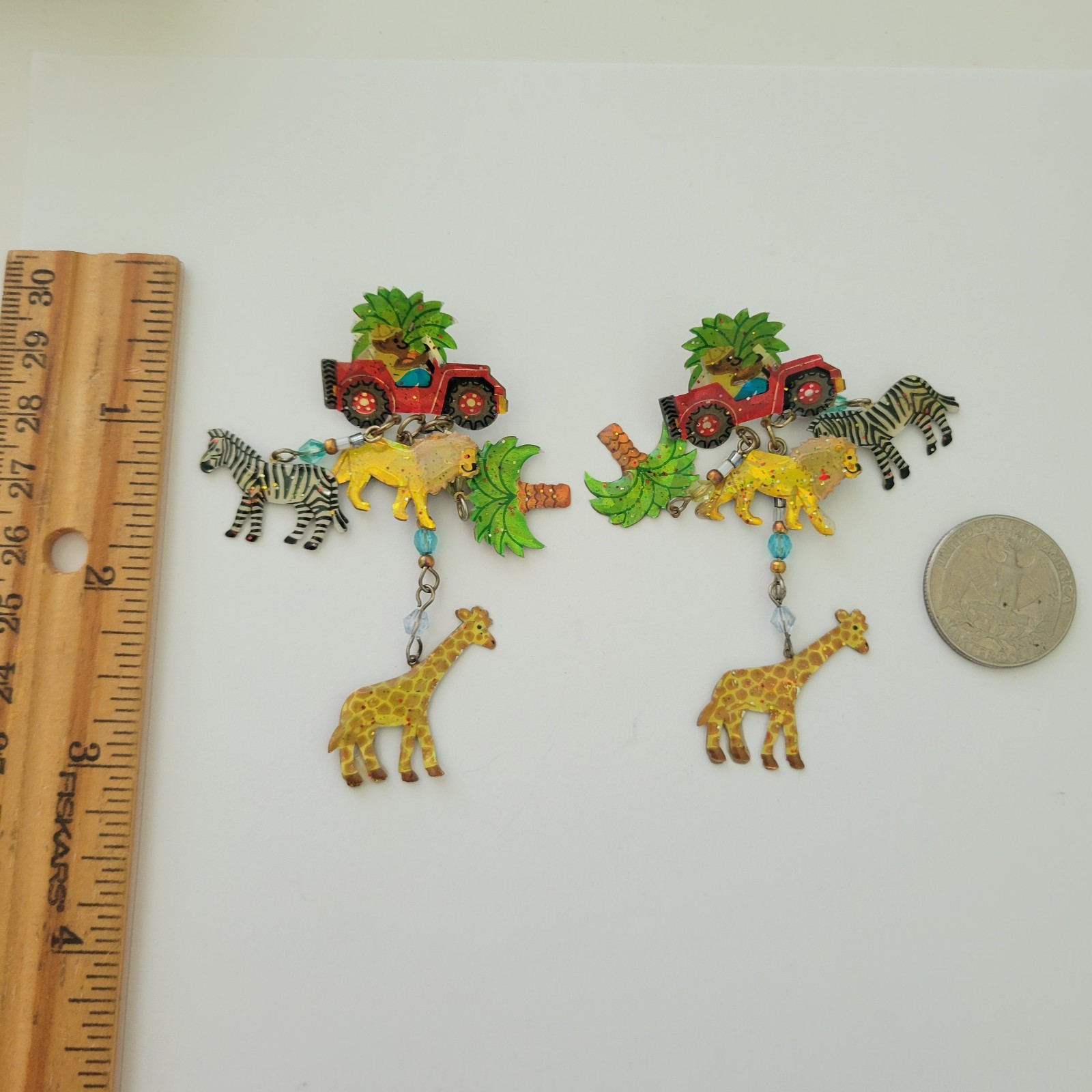Vtg Dangle 3″ Earrings Truck Lion Zebra Tree Giraffe Sarfari Animal Jewelry