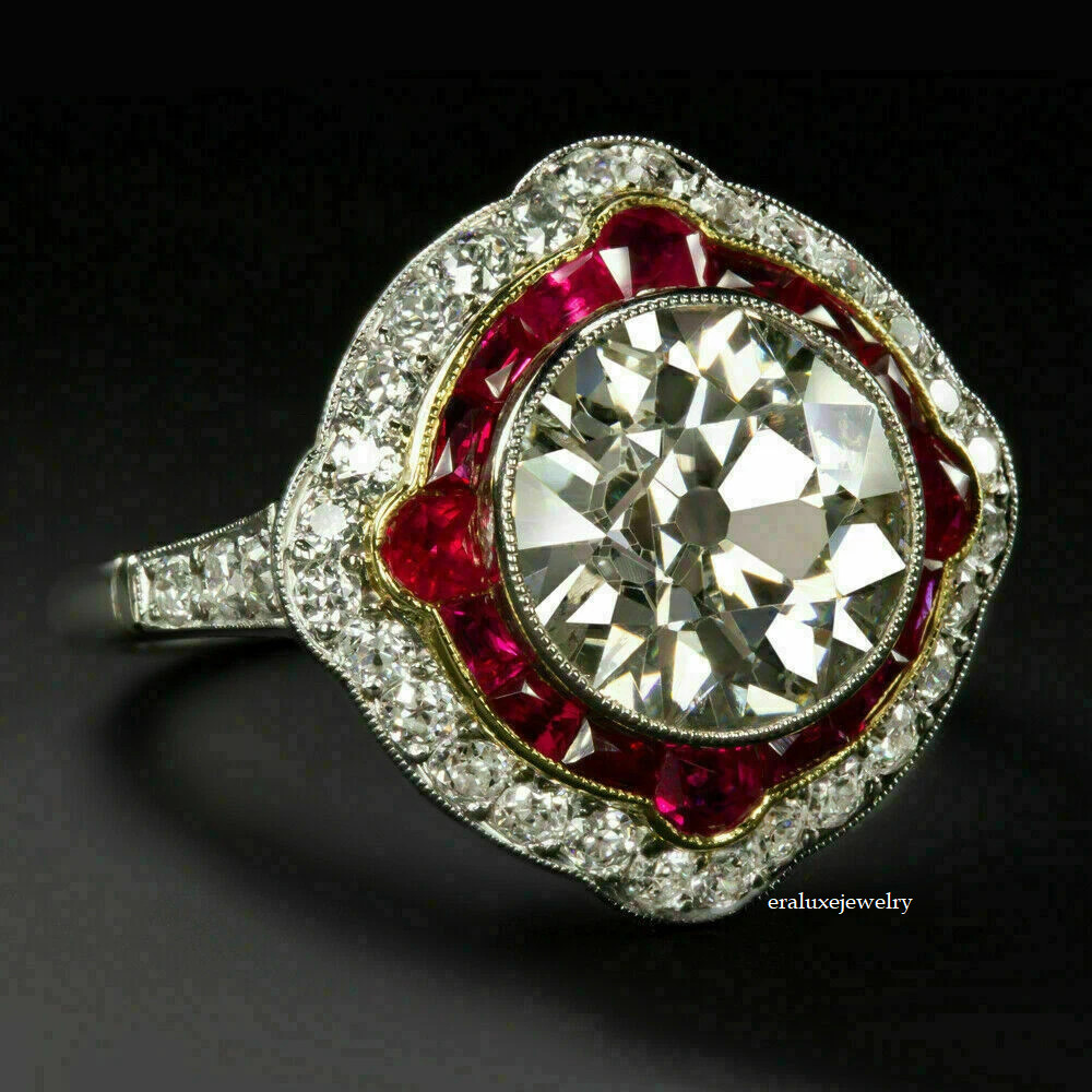 Art Deco Lab-Created Diamond & Ruby Halo Engagement 14K Two Tone Gold Over Ring