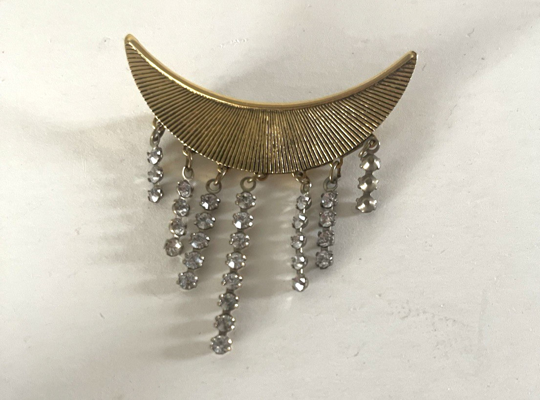 Vintage Crescent Moon Rhinestone Dangle Gold Tone Brooch Art Deco Look