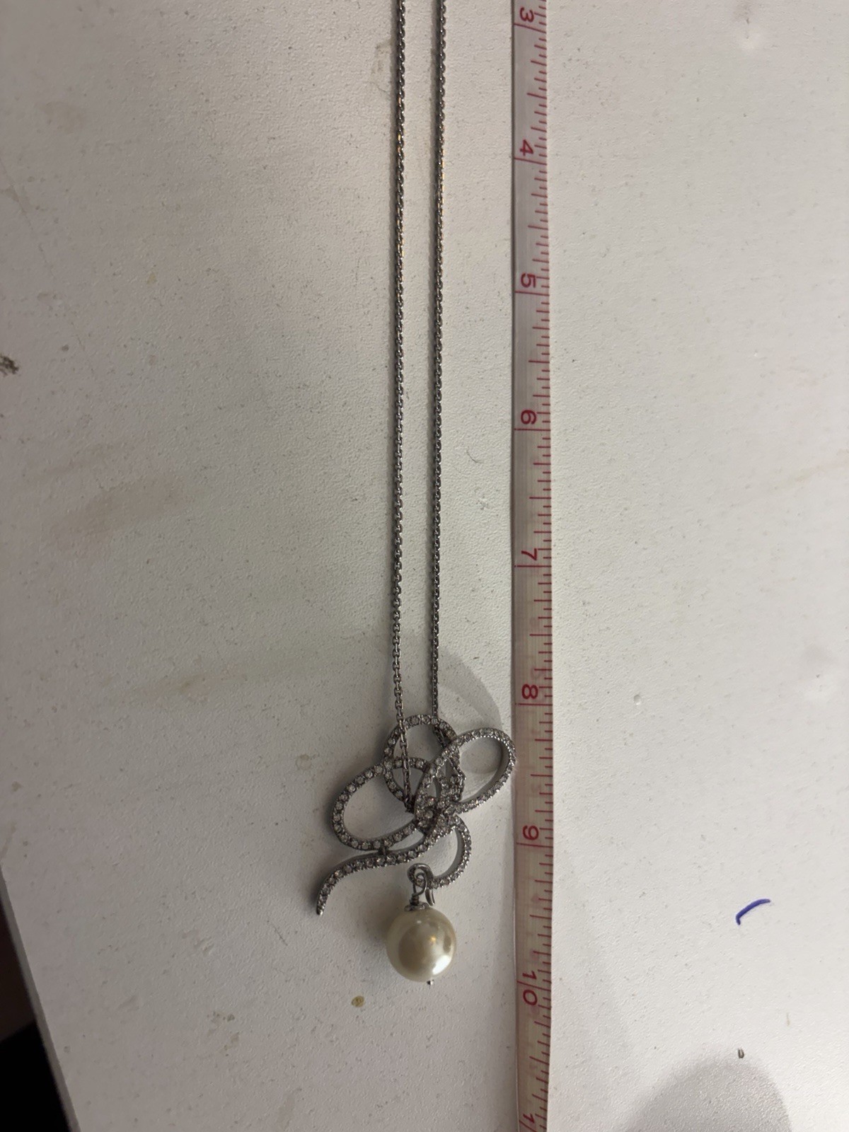 Carolee Signed Silver Tone Pavé Rhinestone Bow Pendant Pearl Drop Necklace 18in