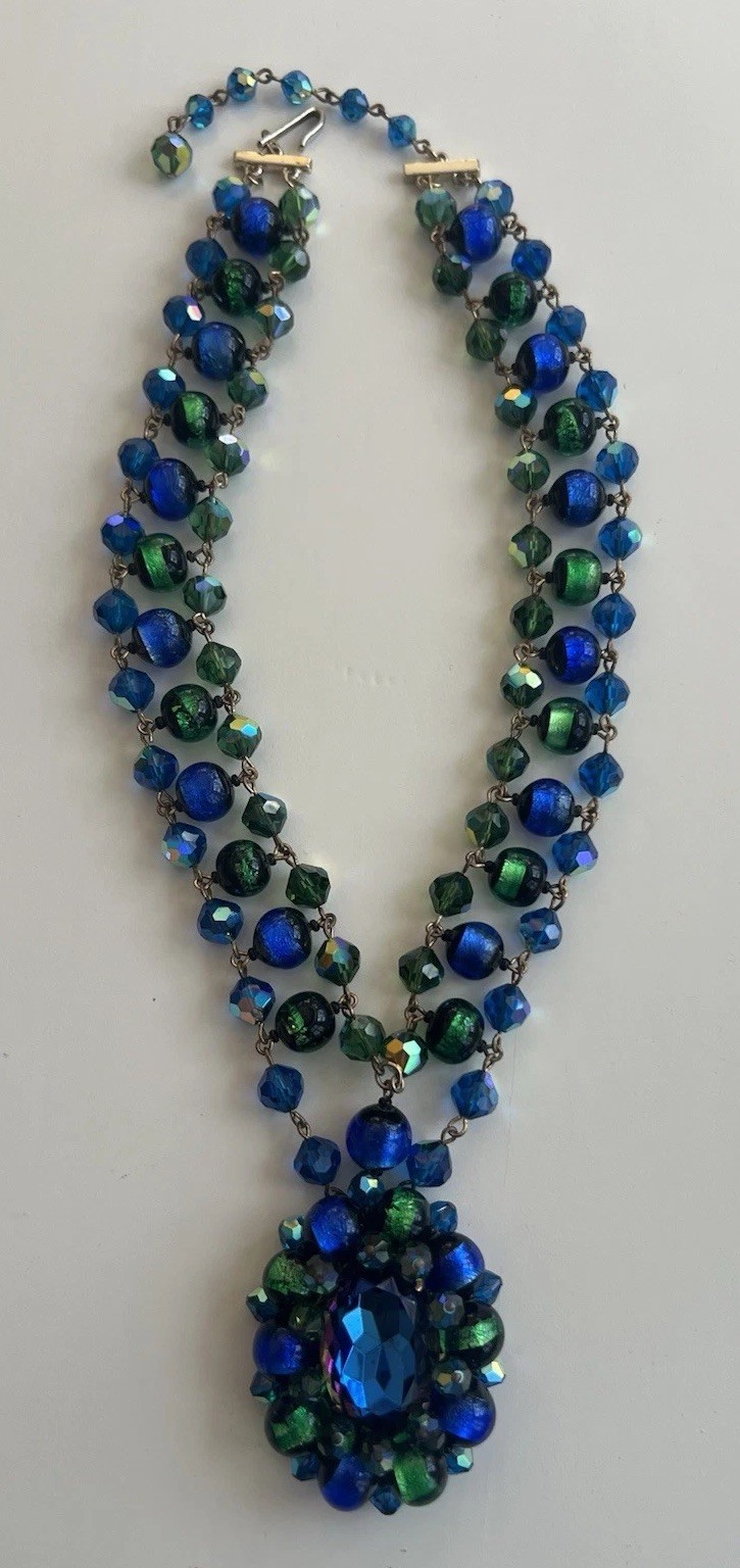 GORGEOUS VTG STATEMENT DESIGNER NECKLACE VENETIAN FOILED BLUE/GREEN GLASS BEADS