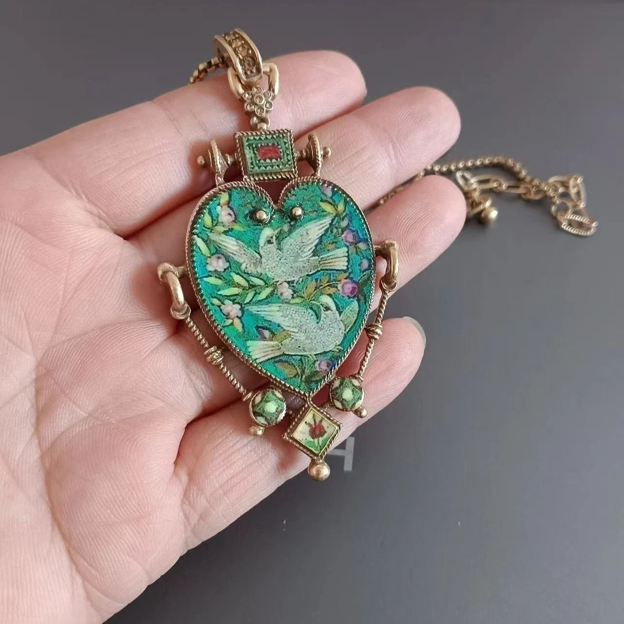 Vintage European Heart Enamel Necklace Unique Dove Inlay Retro Pendant Jewelry