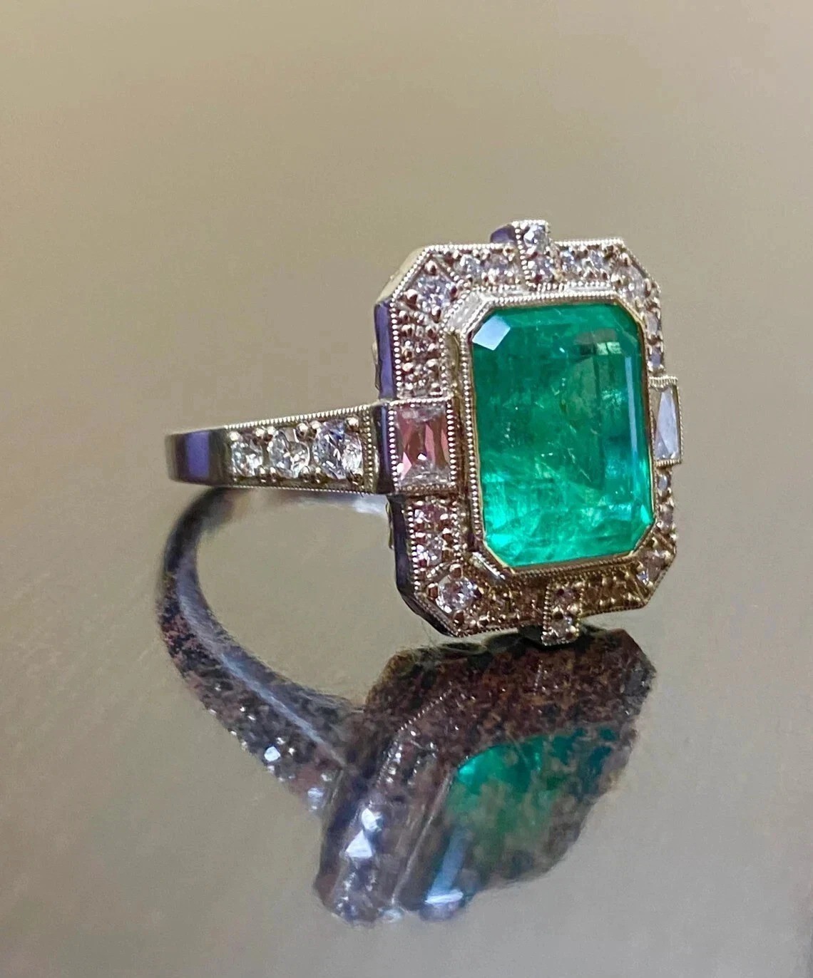 3.65Ct Art Deco Vintage Lab Created Emerald Diamond Engagement 925 Silver Ring