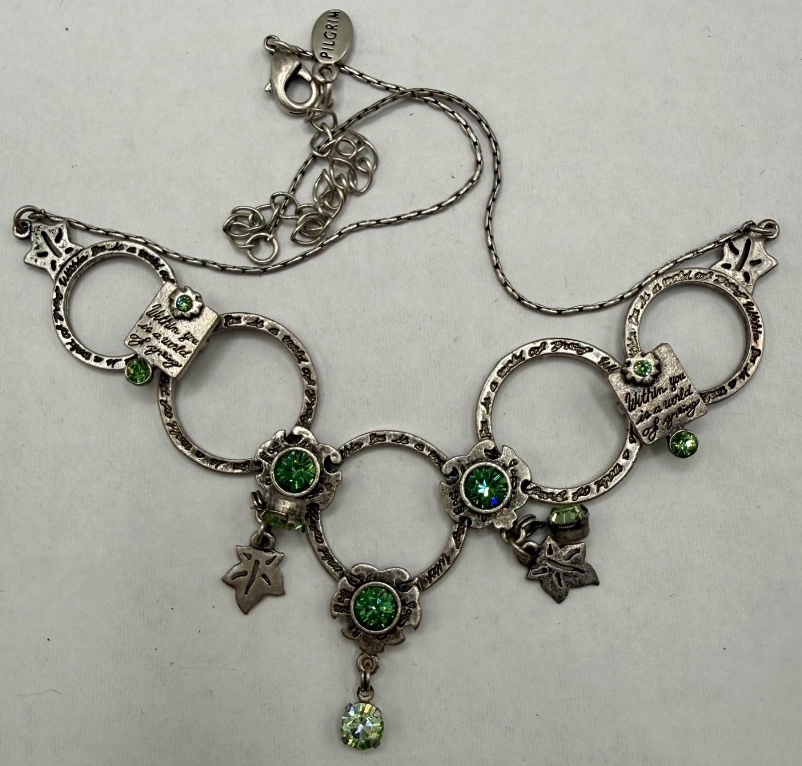 ESTATE PILGRIM DANISH DESIGN SIGNED SILVER TONE GREEN GLASS SPRING NECKLACE 17″