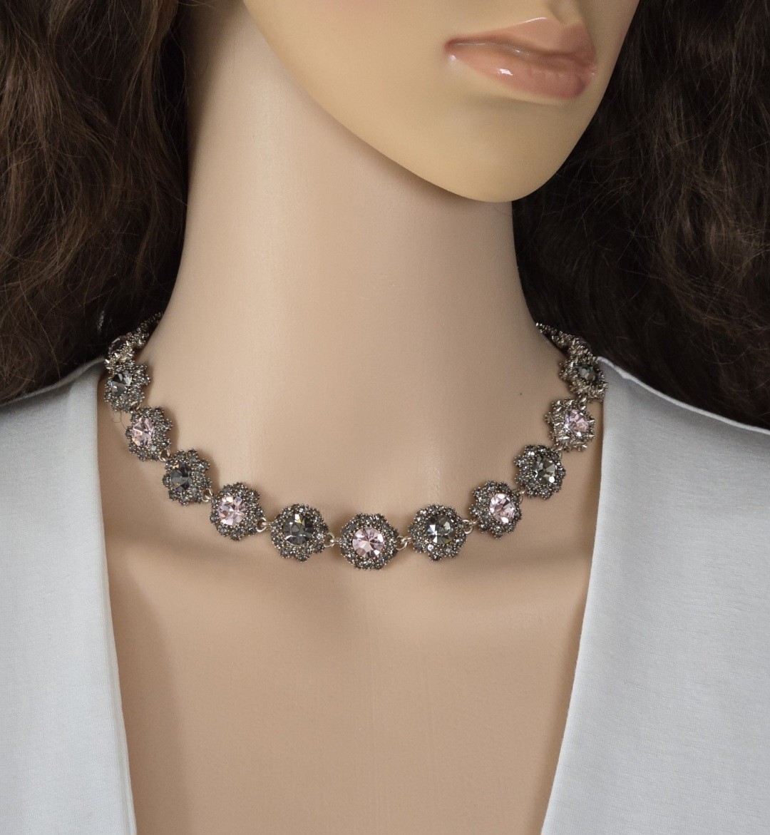 Pink & Gray Rhinestone Choker Necklace Silver Tone Dark Romance Jewelry