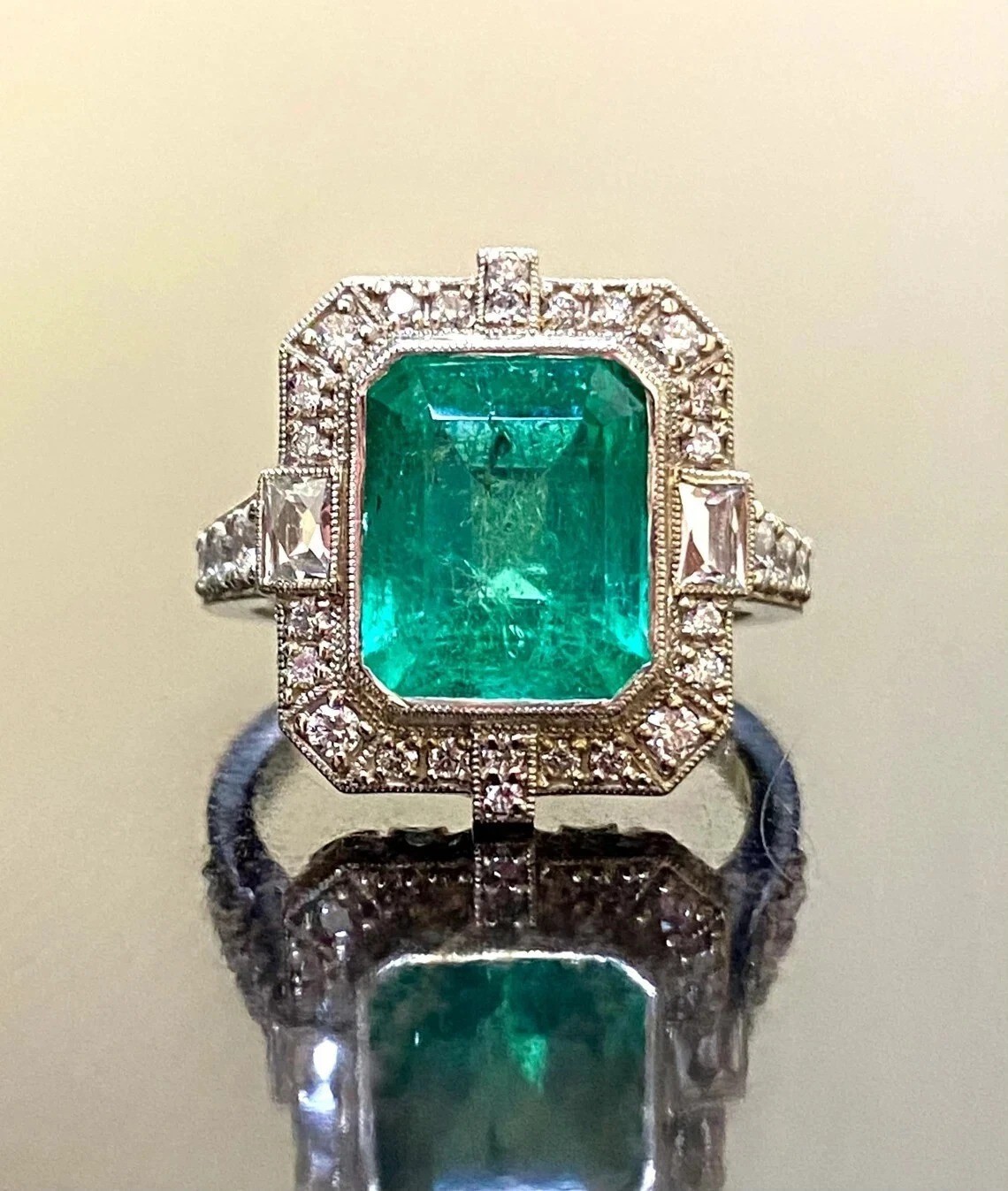 3.65Ct Art Deco Vintage Lab Created Emerald Diamond Engagement 925 Silver Ring