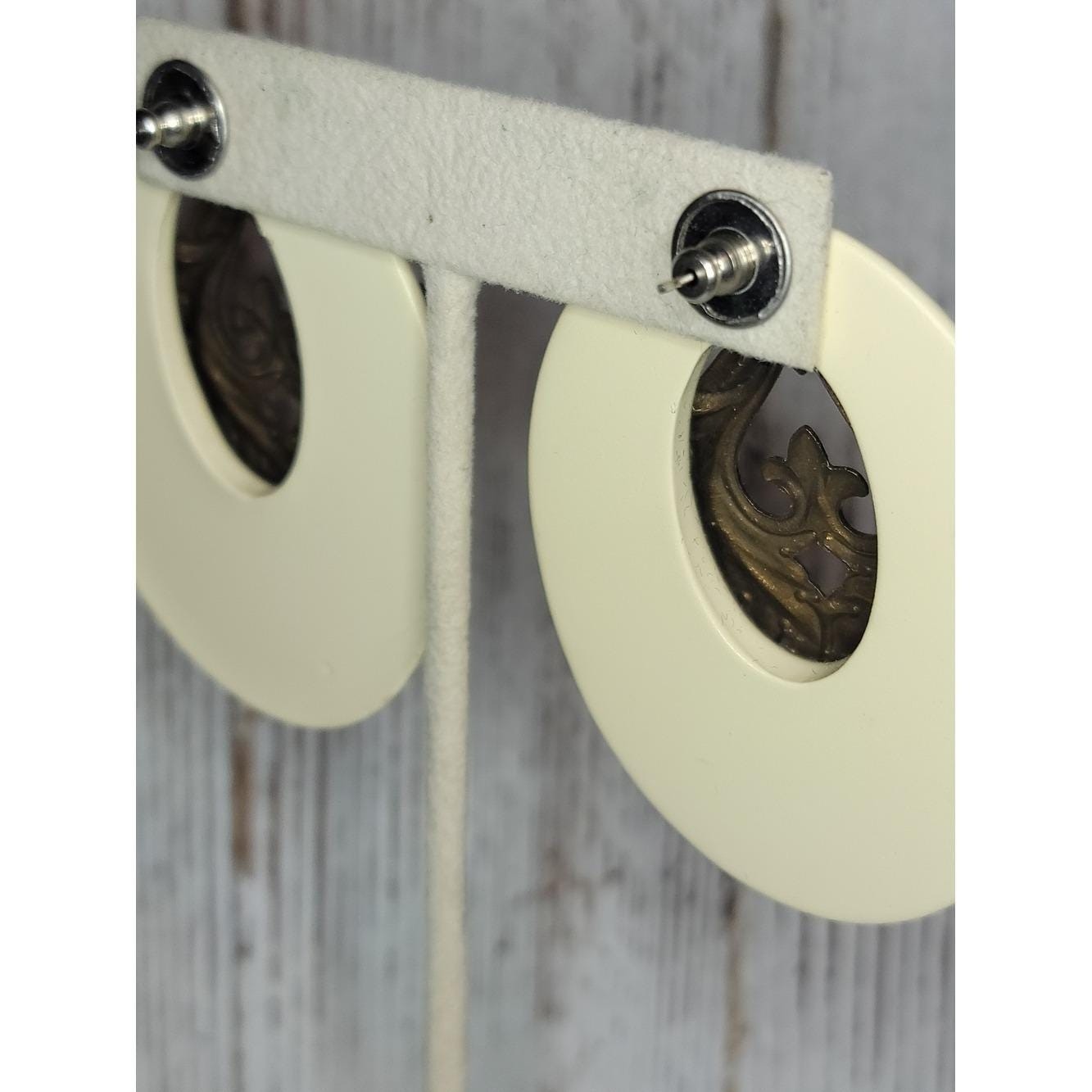 Vintage Ivory Gold Baroque Statement Earrings Plastic Metal 80s Runway Pierced