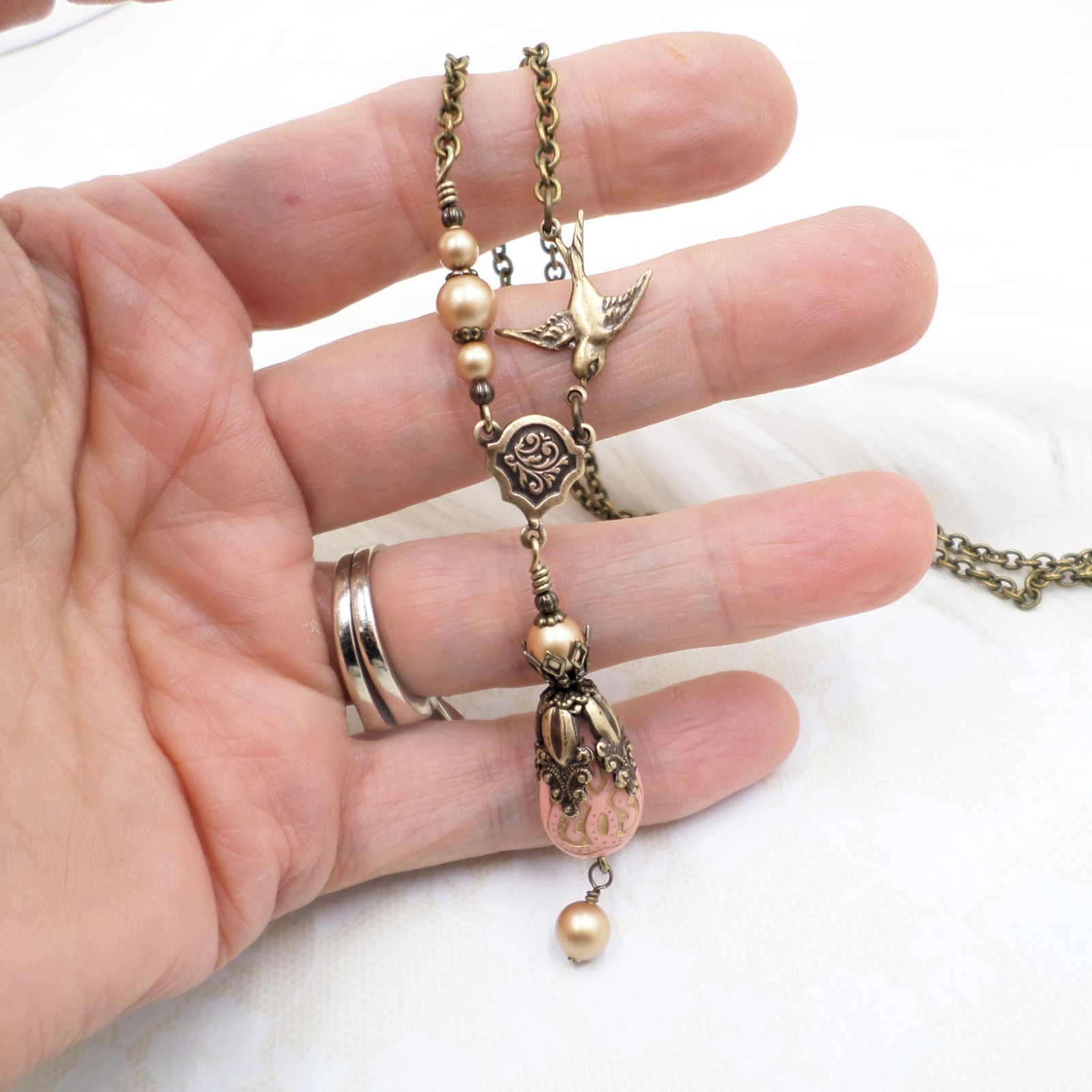 Victorian Style Brass Bird Necklace Pink Acrylic Bead Gold Pearl Handmade Unique