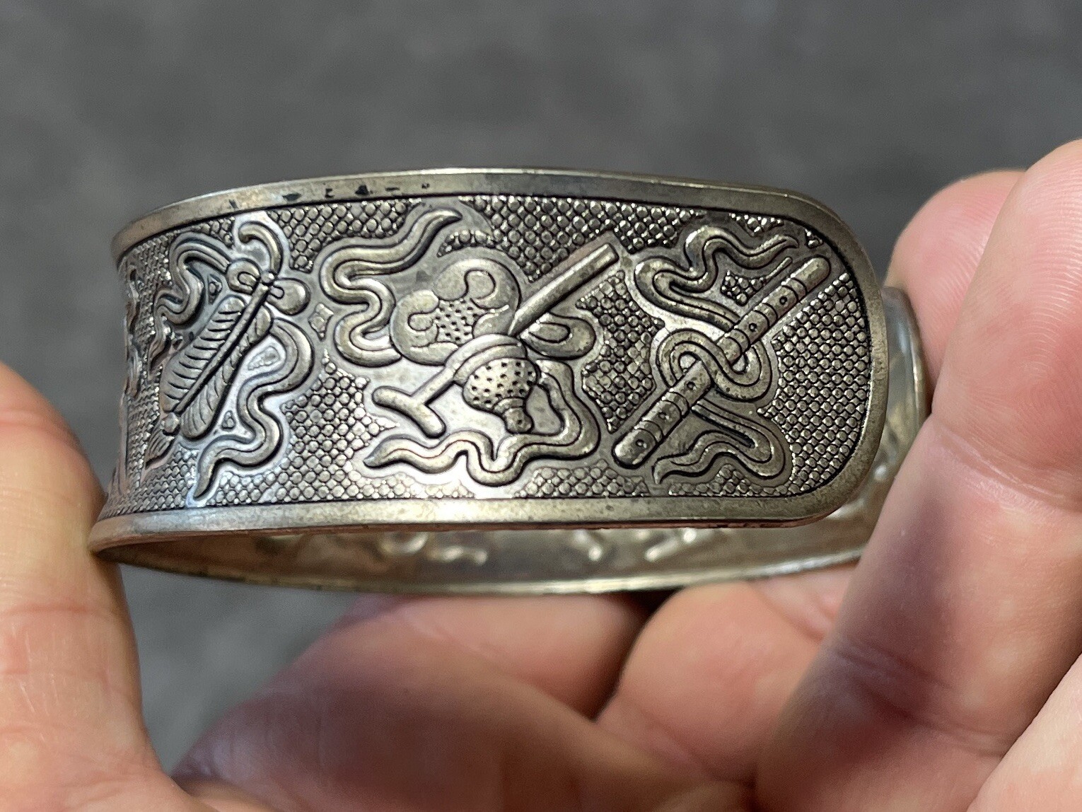 Silver Tone Metal Bracelet w Flowers, Daggers & Other Designs Signed !!