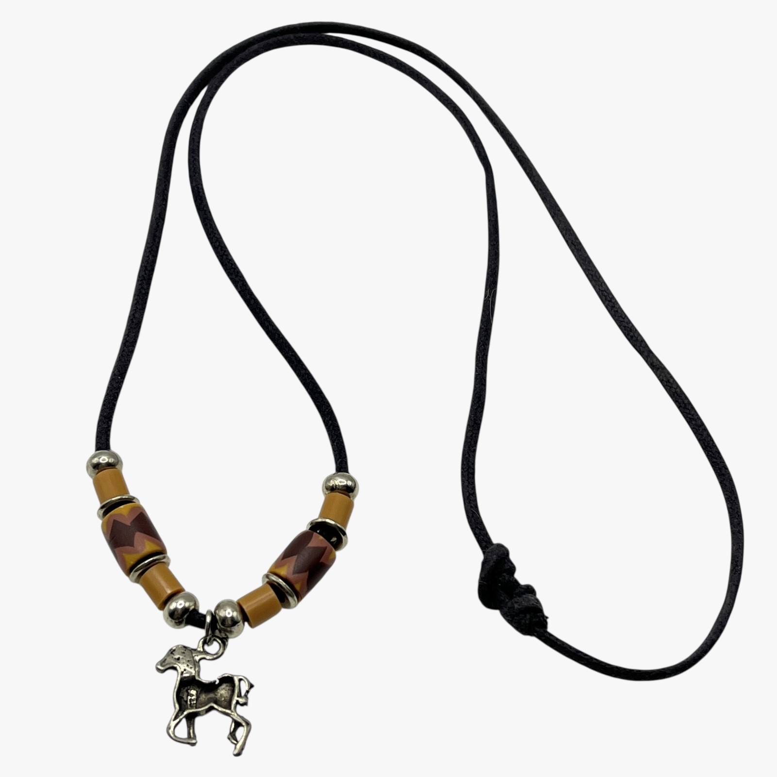 VTG Silver Horse Pendant Necklace Southwest Bead Charm Black Cord Pony Unisex