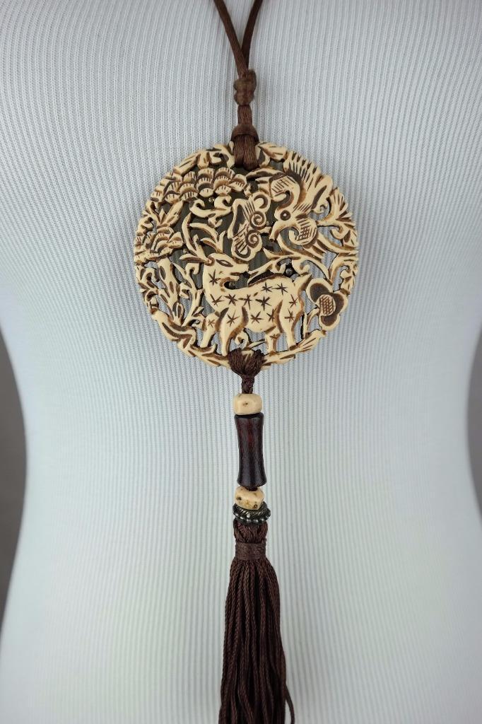 VTG 60s CROWN TRIFARI Carved Deer Pendant Necklace Satin Cord Wooden Beads