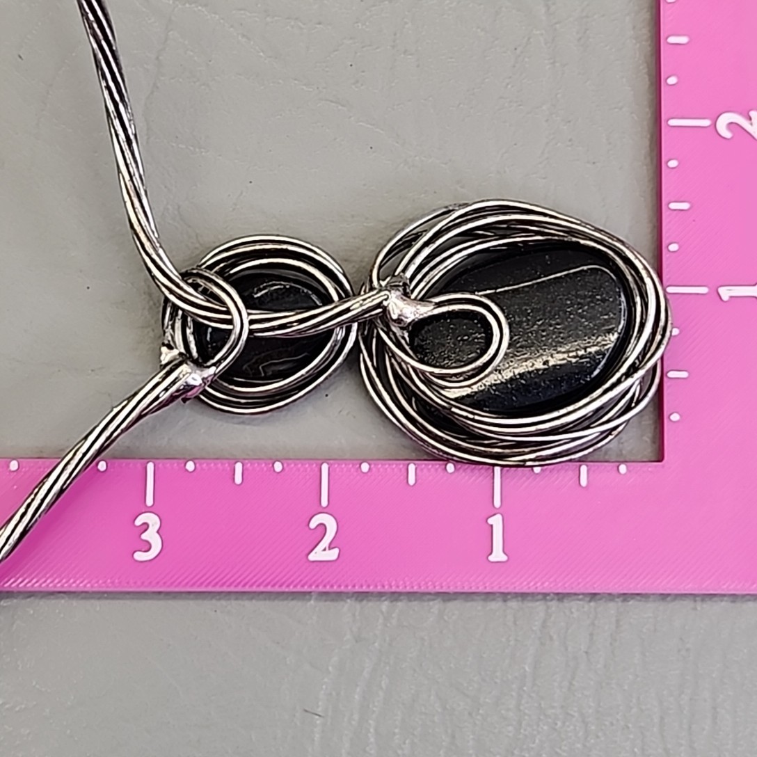 Vintage Artisan Necklace Black Onyx Drop Silver Twist Wire Collar Choker 17″