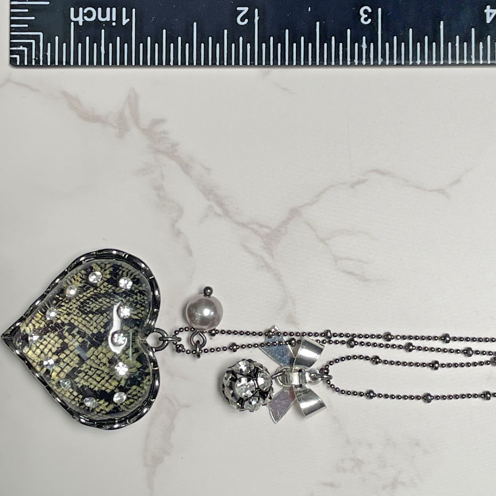Gothic Betsey Johnson Snake Pattern Glass Heart & Bow Rhinestone Dual Necklace