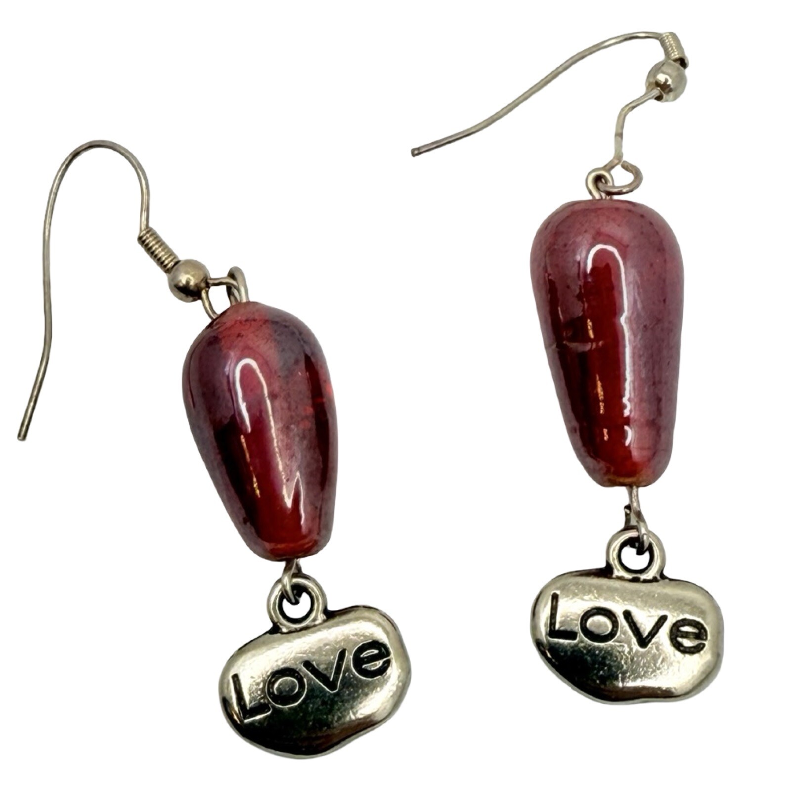 Red Earrings Art Glass Dangle 2” Beaded Love Charm Valentines Day