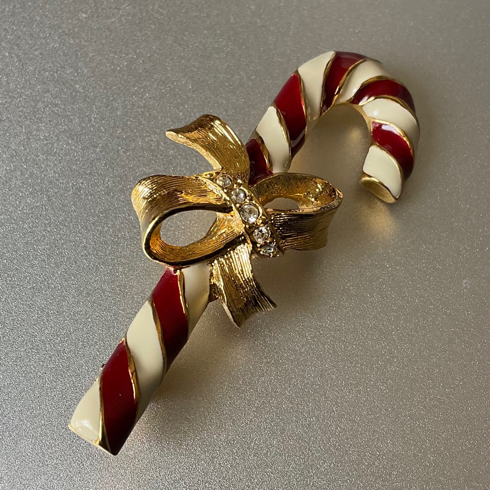 Vintage Napier Christmas Candy Cane Pin with Bow Gold Tone & Enamel