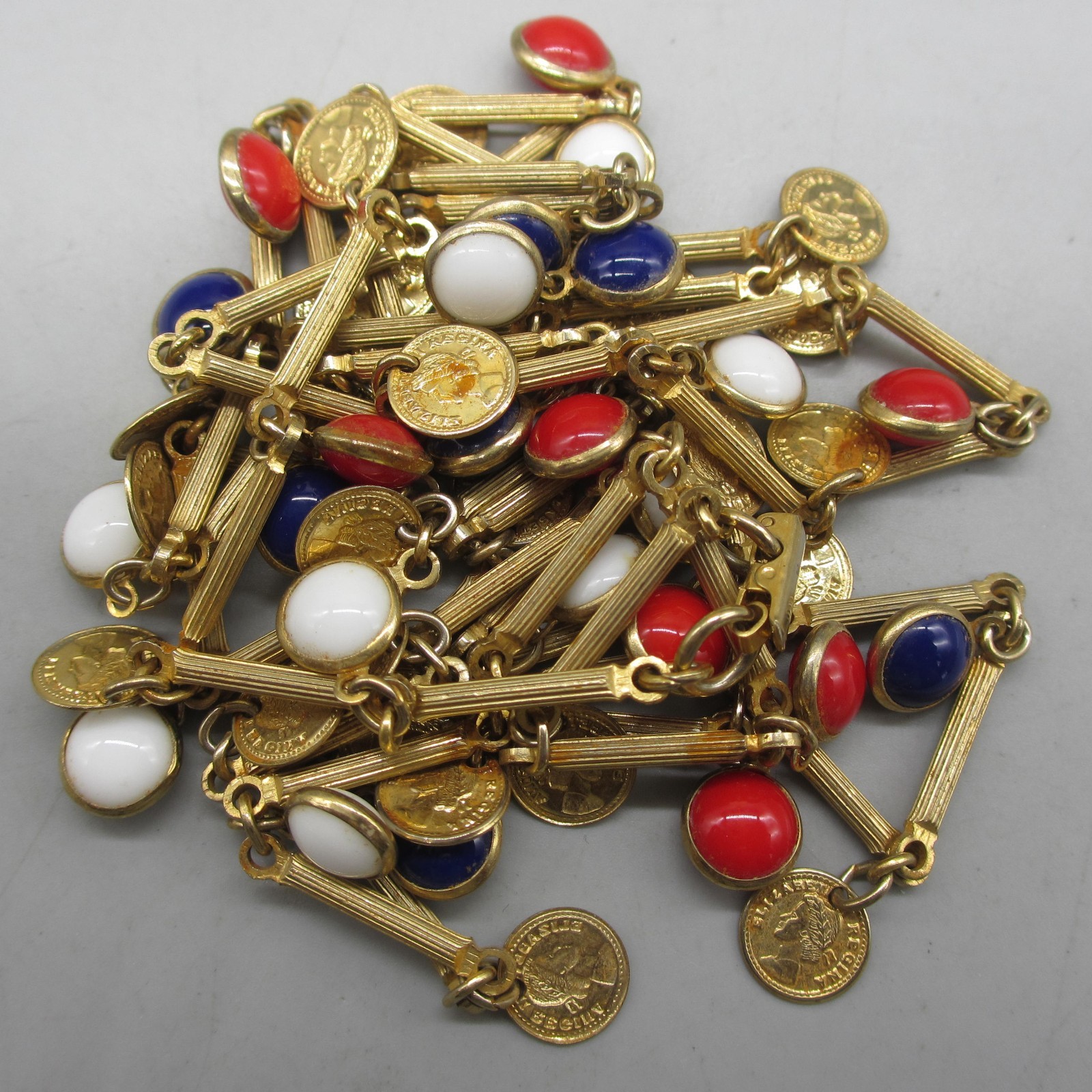 Vintage Open Bezel Necklace Faux Coin Station Gold Tone Red White Blue Rope 46″