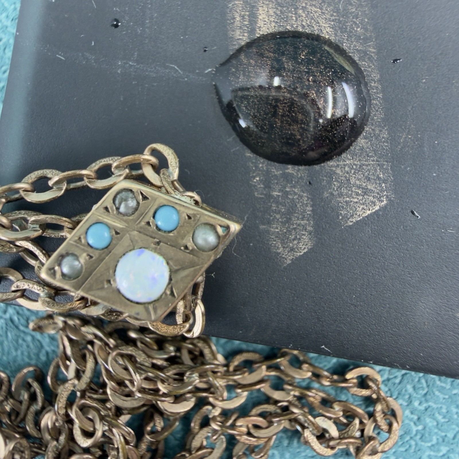 Victorian Antique 10K SOLID GOLD Pearl Turquoise SLIDE 48 GF Watch Chain D&C Fob