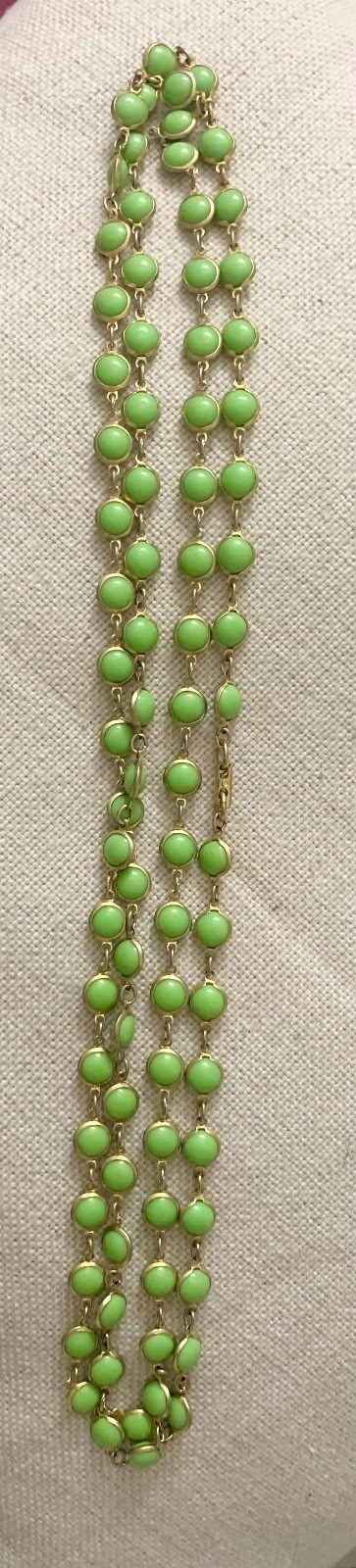 Vintage 1970s Apple Green Jade Glass Station Sautoir Rope Necklace Seamless 54”