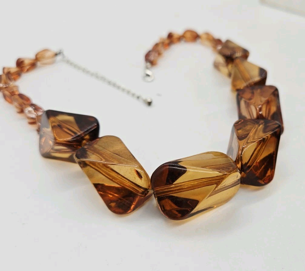Brown Rootbeer Necklace Lucite Acrylic Chain Link Asymmetrical Silver tone 21 in