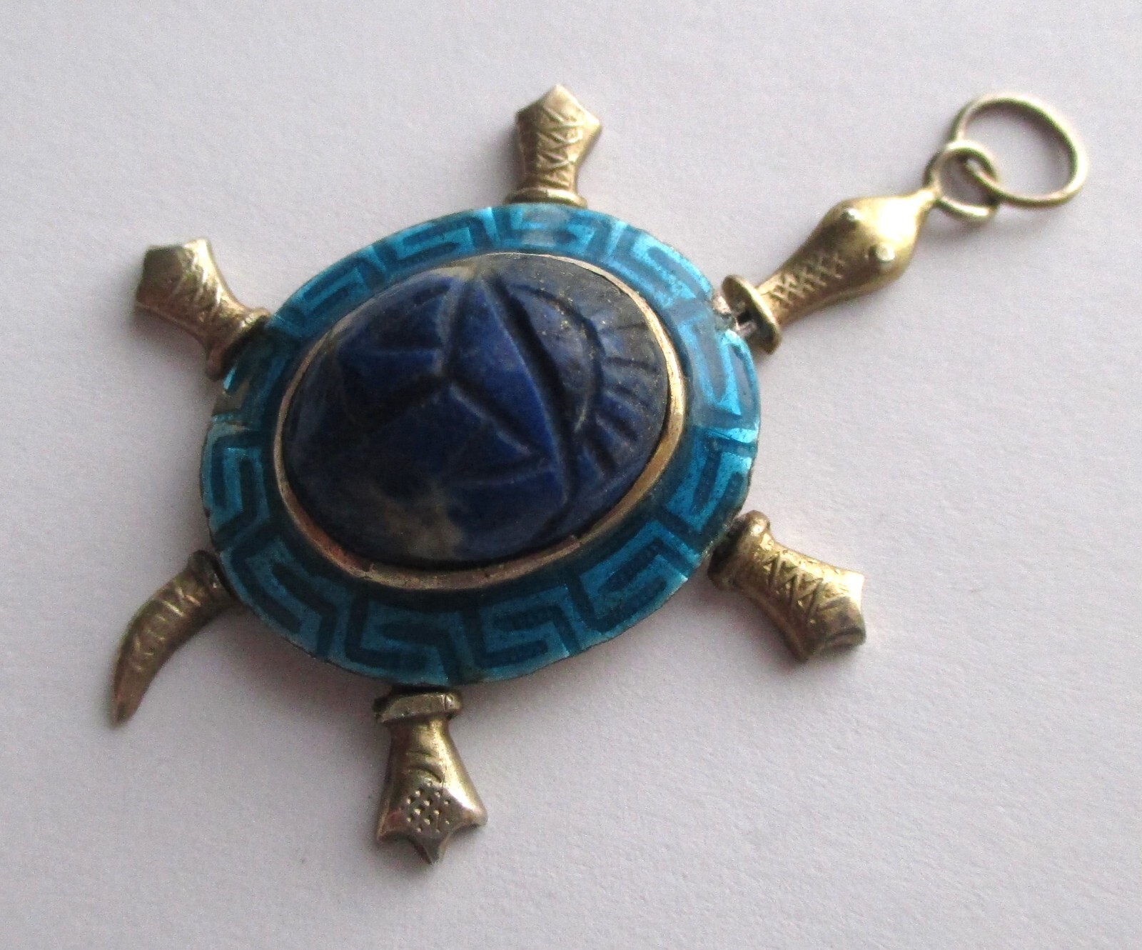 VINTAGE STERLING SILVER EGYPTIAN REVIVAL CARVED LAPIS SCARAB ARTICULATED TURTLE