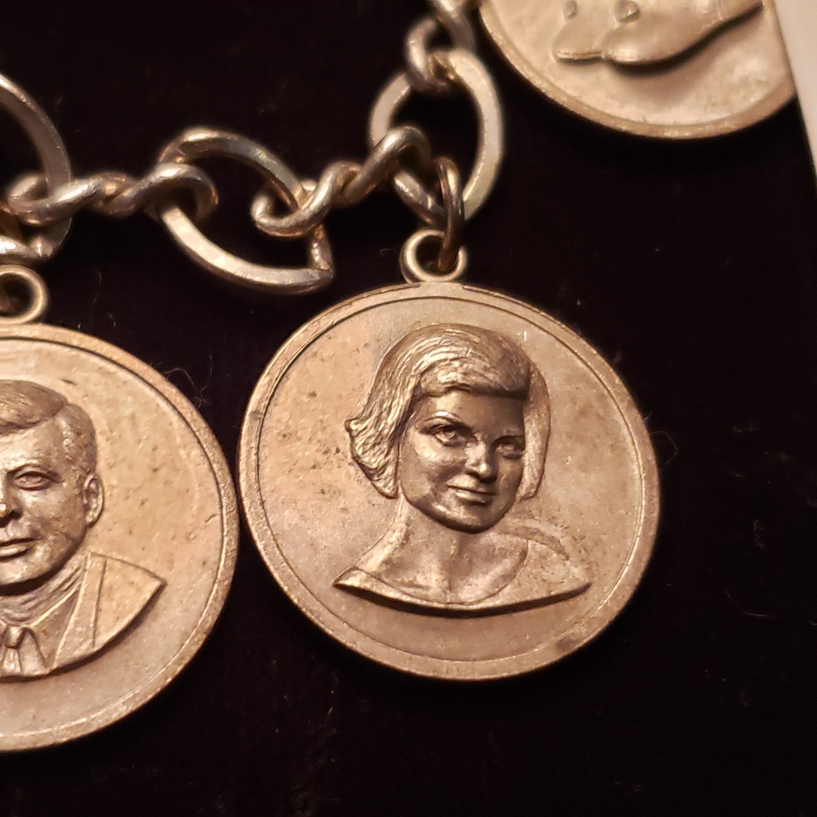 1960’s JFK JOHN JR JACKIE O CHARM BRACELET SILVER TONE