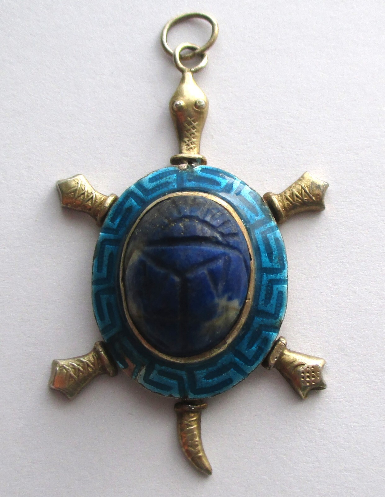 VINTAGE STERLING SILVER EGYPTIAN REVIVAL CARVED LAPIS SCARAB ARTICULATED TURTLE