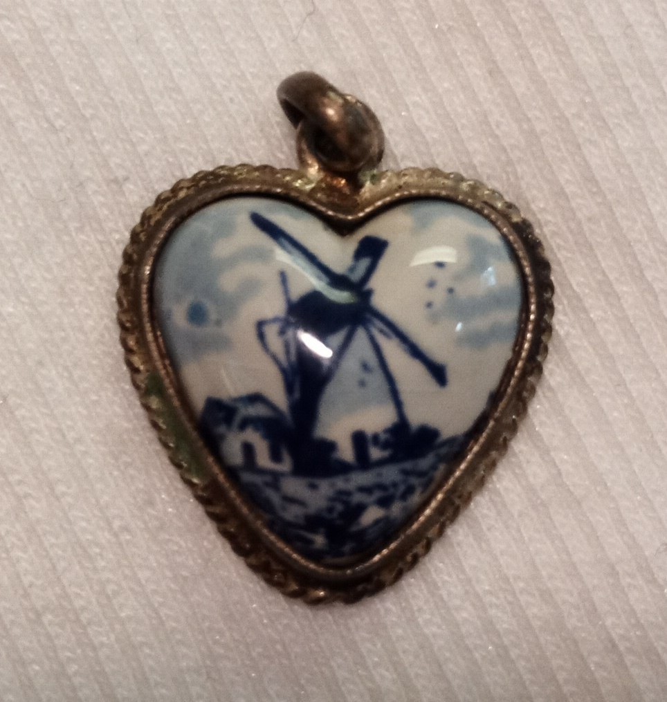 Vintage Silver 835 Heart Windmill Souvenir Charm Pendant Delft Blue Netherlands