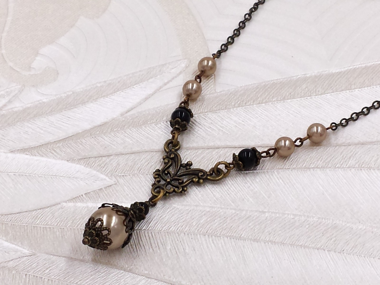 Art Nouveau Necklace Champagne Gold Crystal Pearl Black Bead Victorian Jewelry