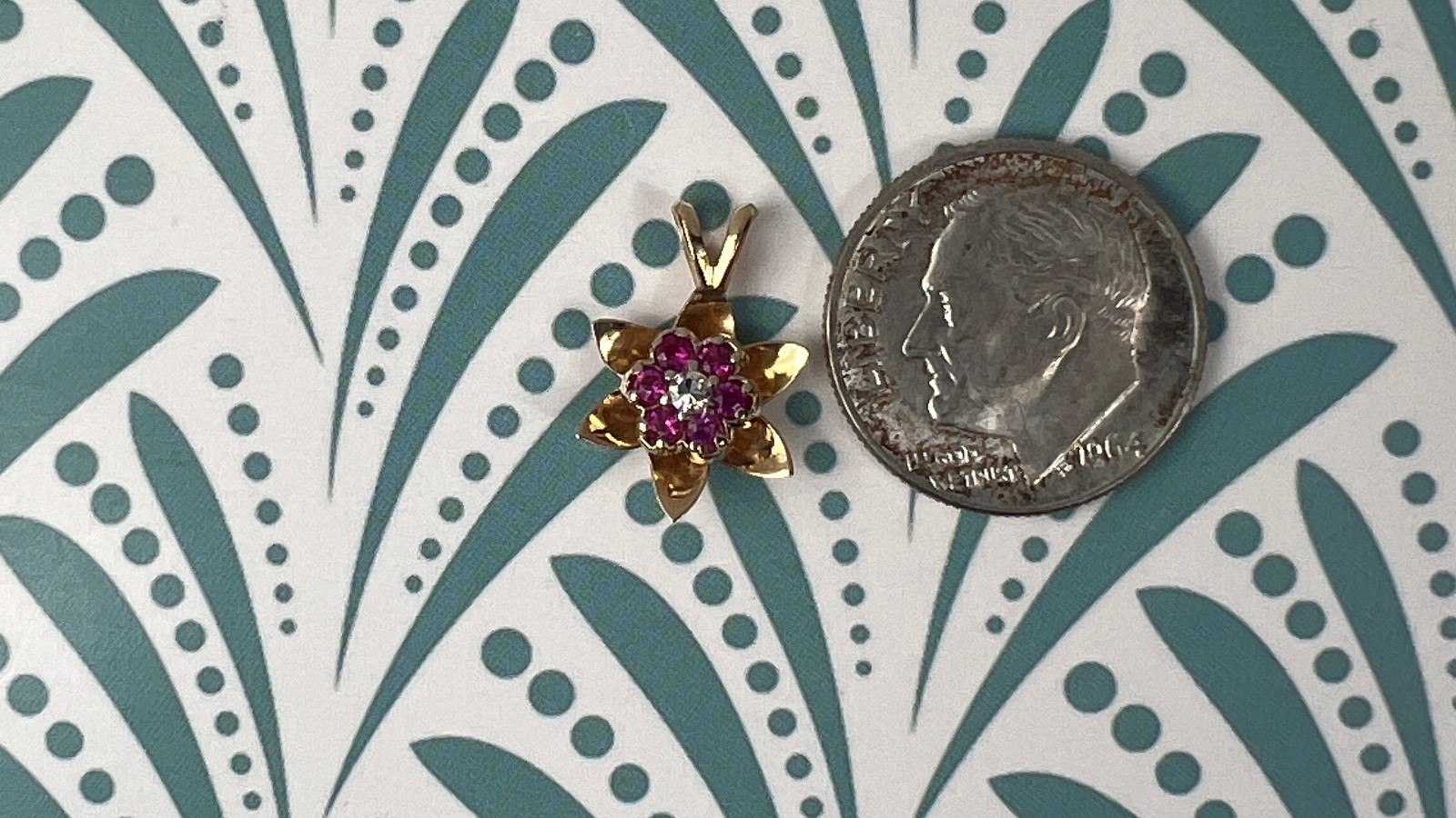14K Solid Yellow White Gold Ruby Diamond Flower Pendant Necklace, Lab Ruby