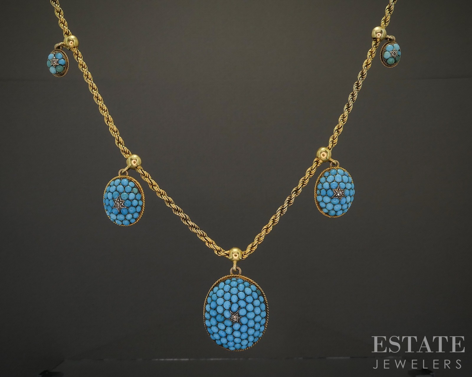 Antique Victorian 20k Yellow Gold Turquoise & Diamond Necklace 30g 17″L p23058