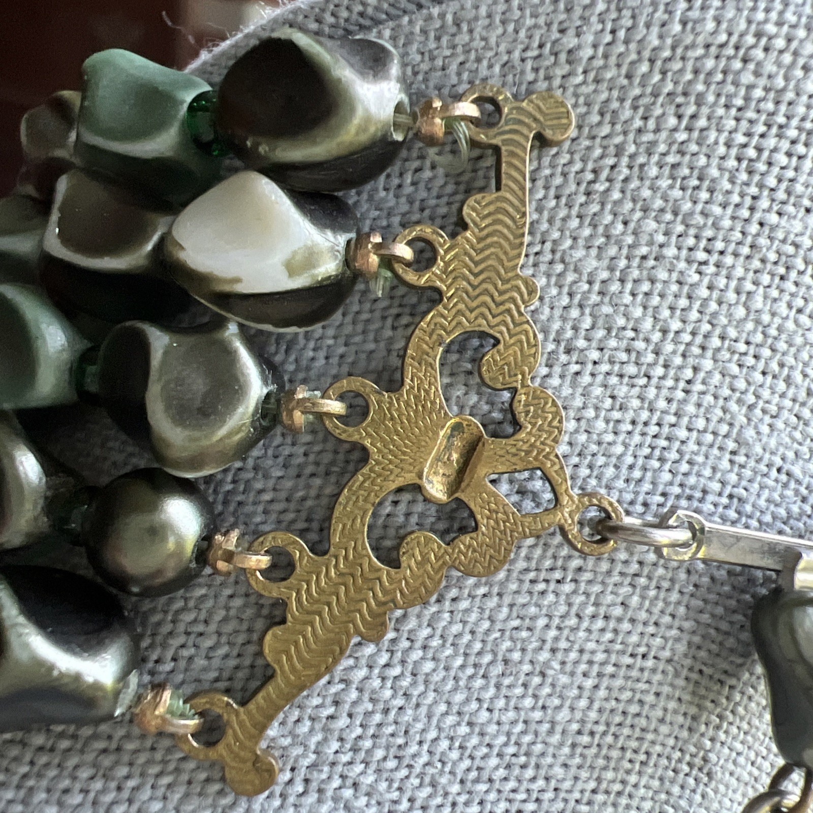 Rare Vintage 5 Strand Faux Stone Gray-Green Necklace; Beautiful!