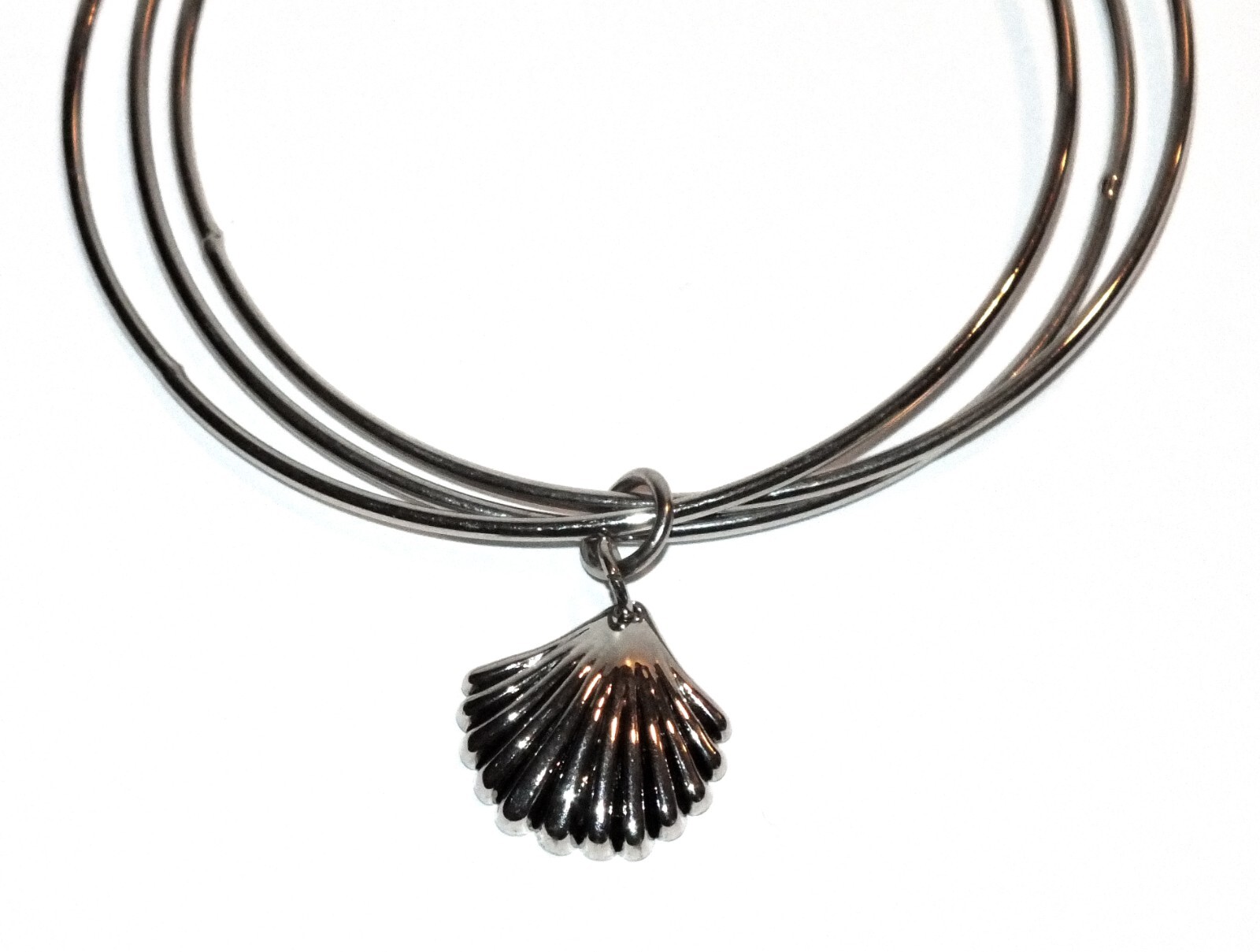 Silver Tone Bangle Bracelet 3 Bracelets Shell Charm Nautical Themed Jewelry J503