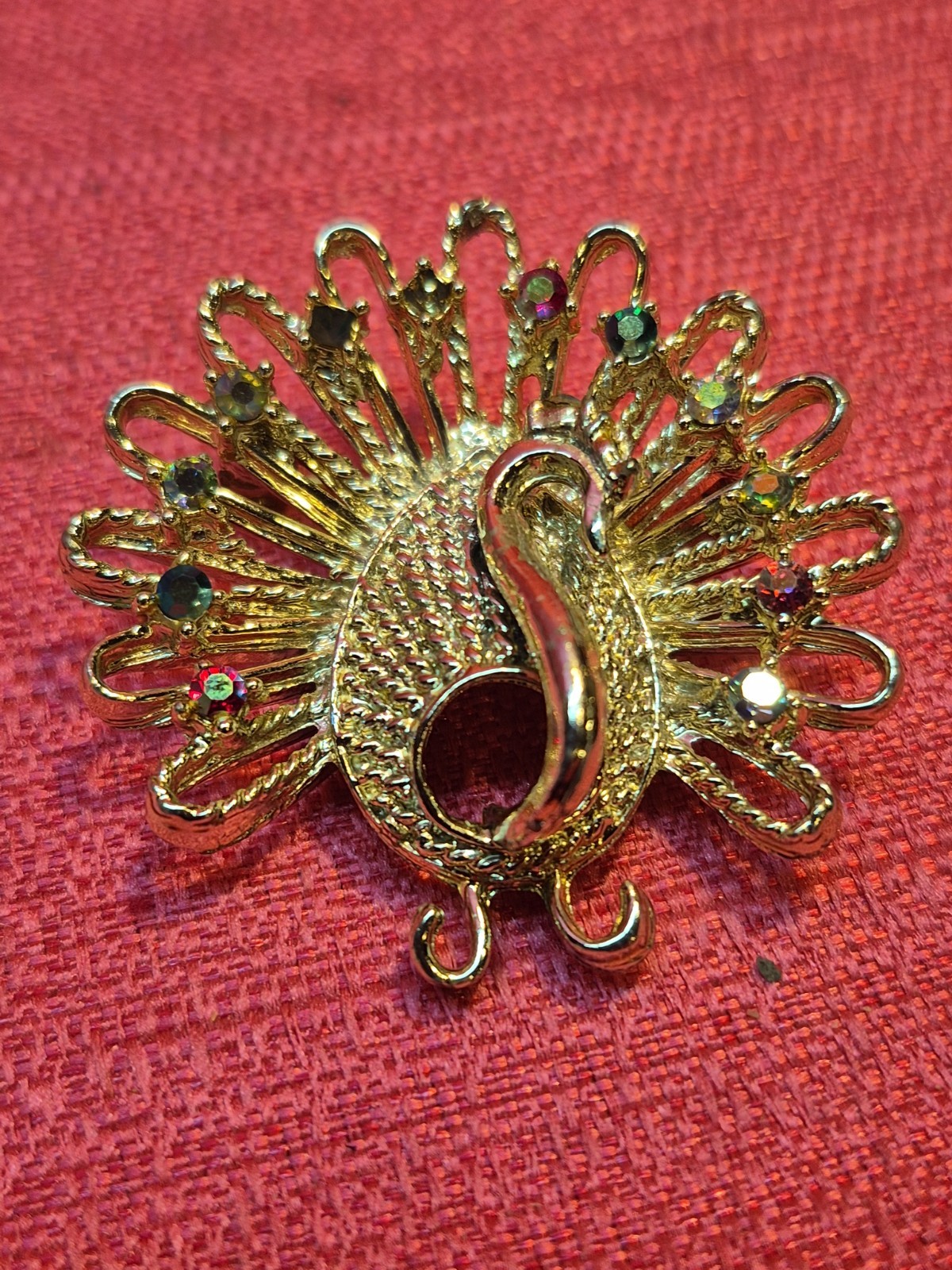 Vintage Gold Tone Peacock Brooch Rhinestone Costume Jewelry Missing Stones