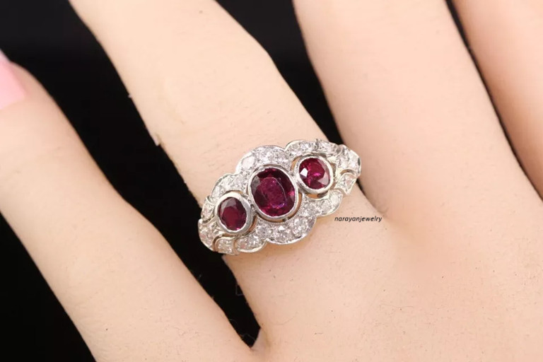 Edwardian 4Ct Oval Cut Red Ruby CZ Womens Engagement Ring 14K White Gold Plated