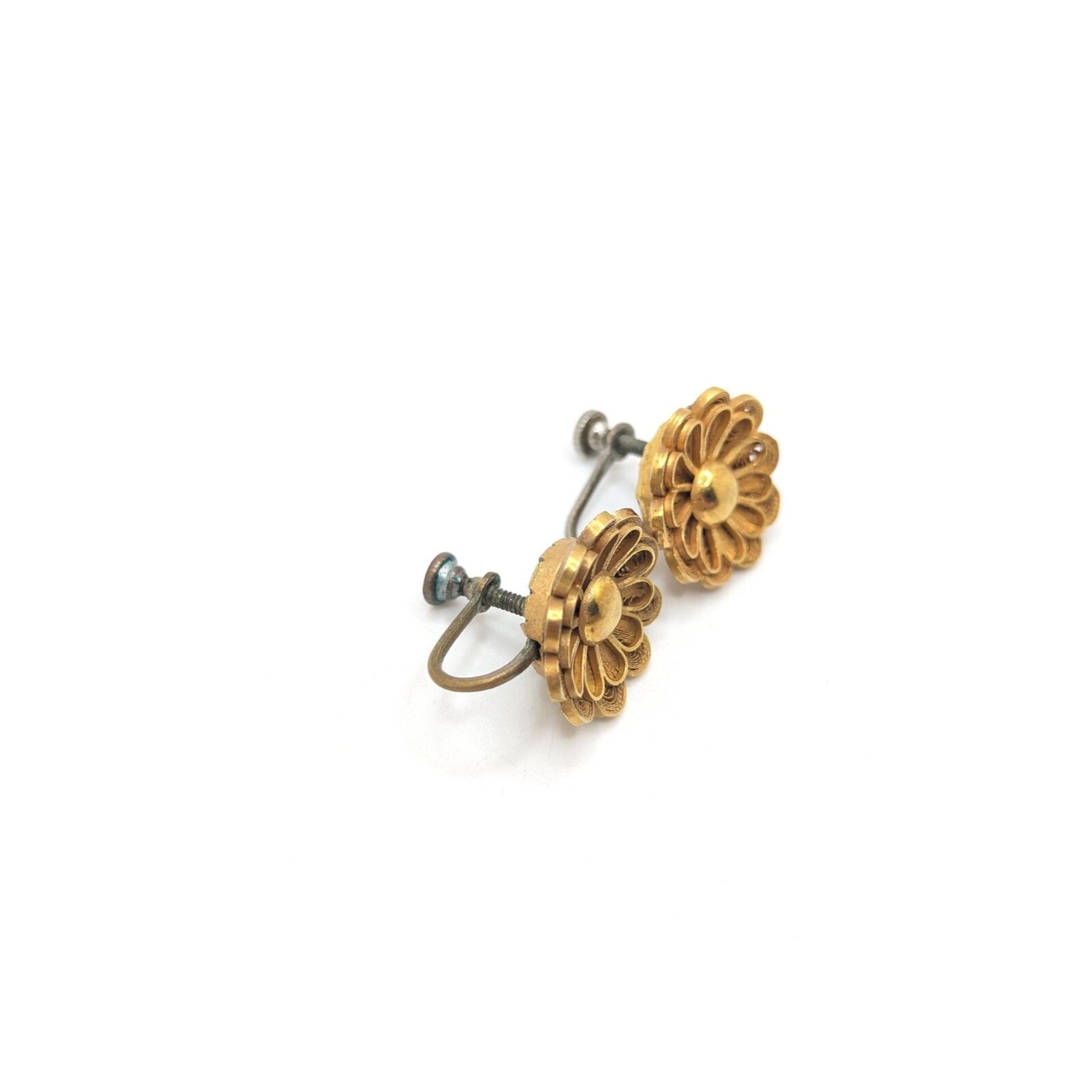 Vintage Gold Tone Filigree Rose Daisy Flower Screw Back Earrings Gift for Her