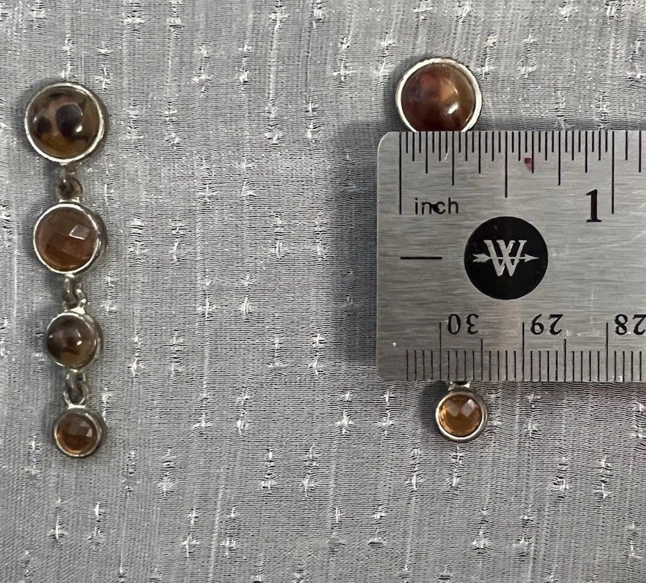 Vintage Silver Tone Dangle Drop Earrings l Round Brown Stones l 2in l 4 Gems