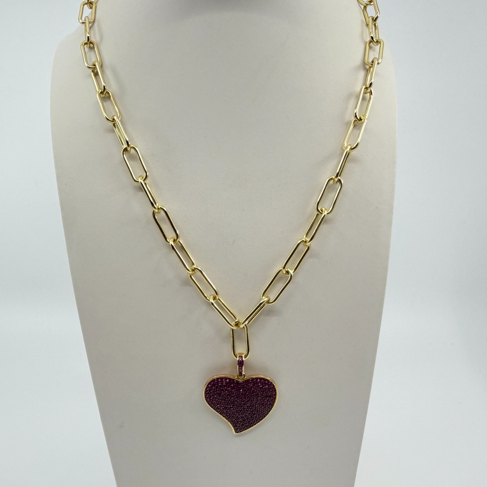 Gold Tone Red Pave Rhinestone Heart Pendant Paperclip Chain Necklace Statement