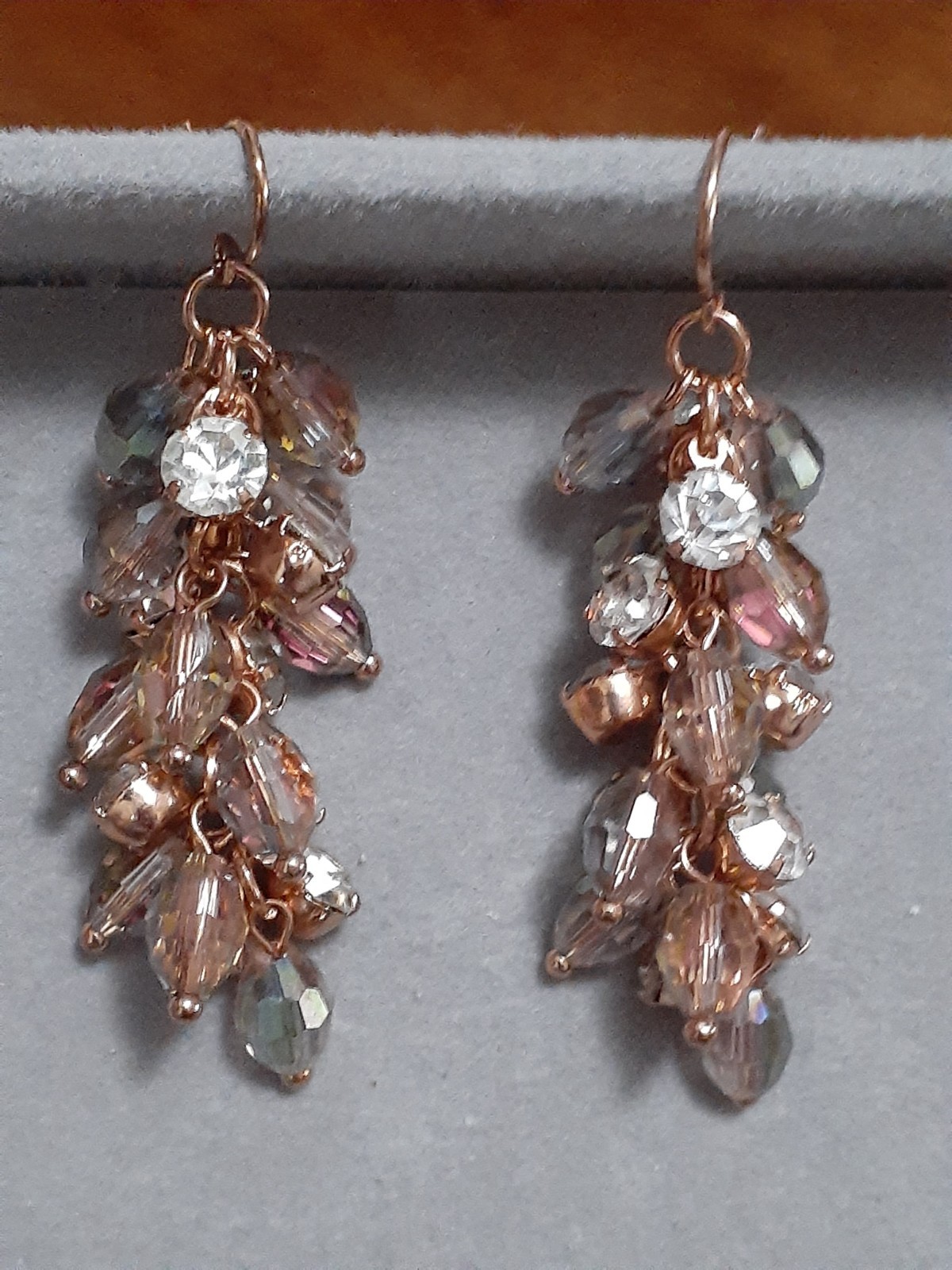 Fauceted lucite iridesent bead earrings & rhinestone cluster dangle drop style