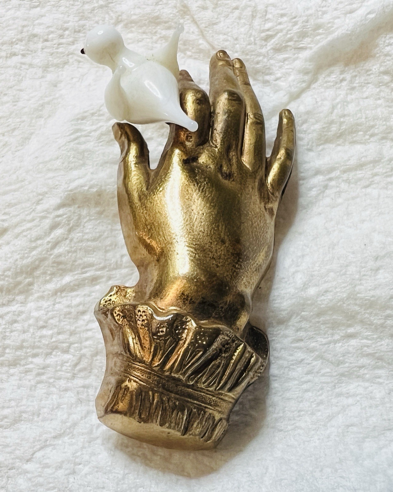 Art Deco Hand Pin / Brooch Holding Milk Glass Bird Figure – France